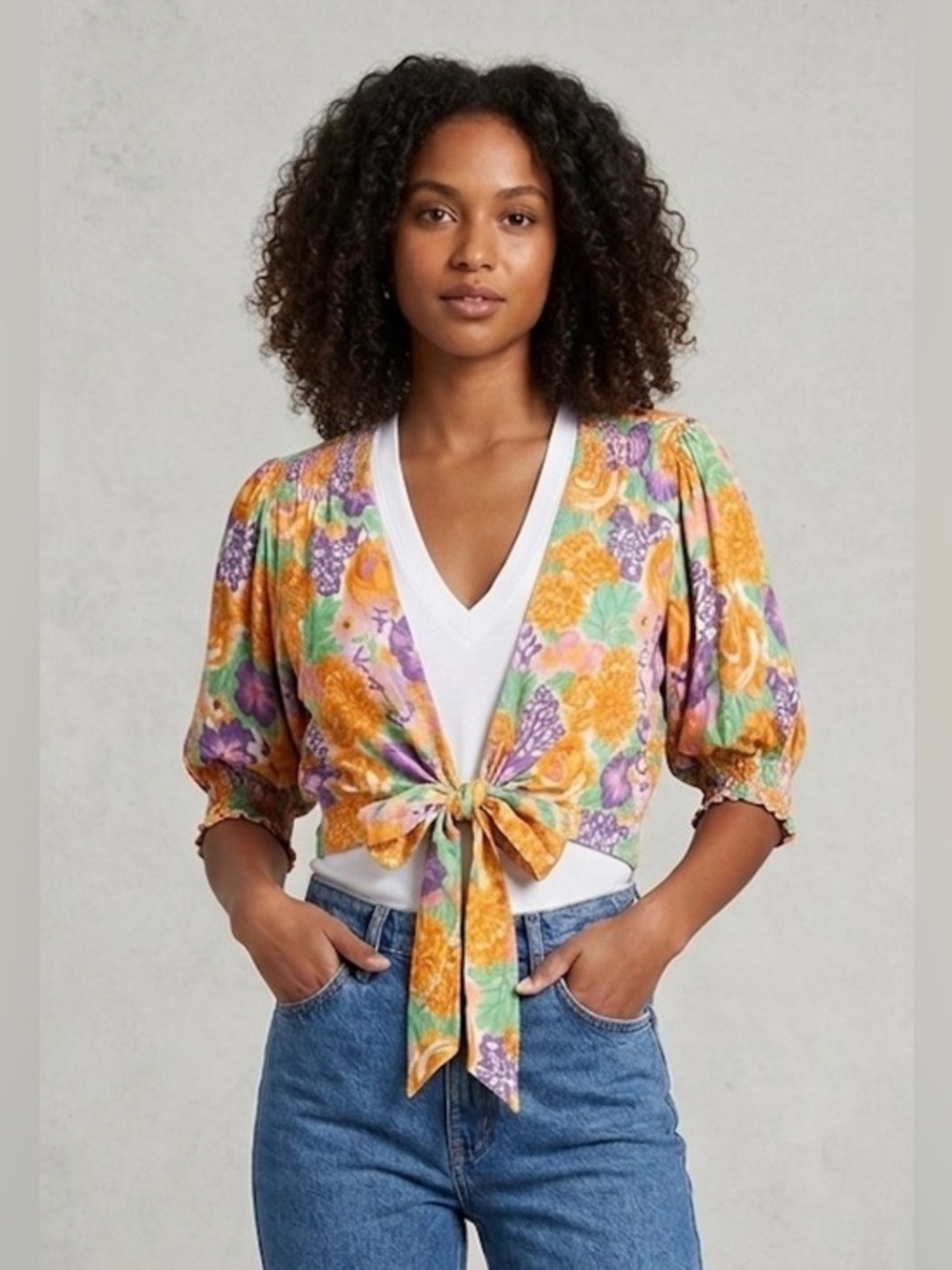 Faithfull The Brand La Colle Floral Tie-Front Crop Top- L (fits XS-XL)-MSRP $140